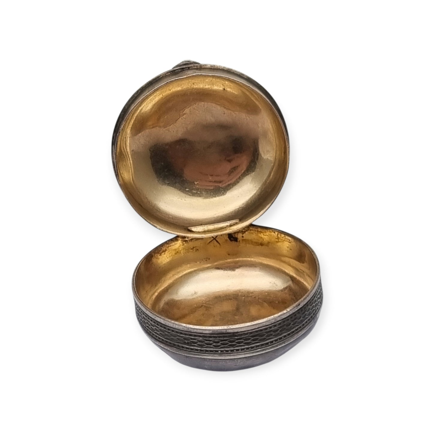 Antique German round .800 silver box engraved with ship and monogram, circa 1900