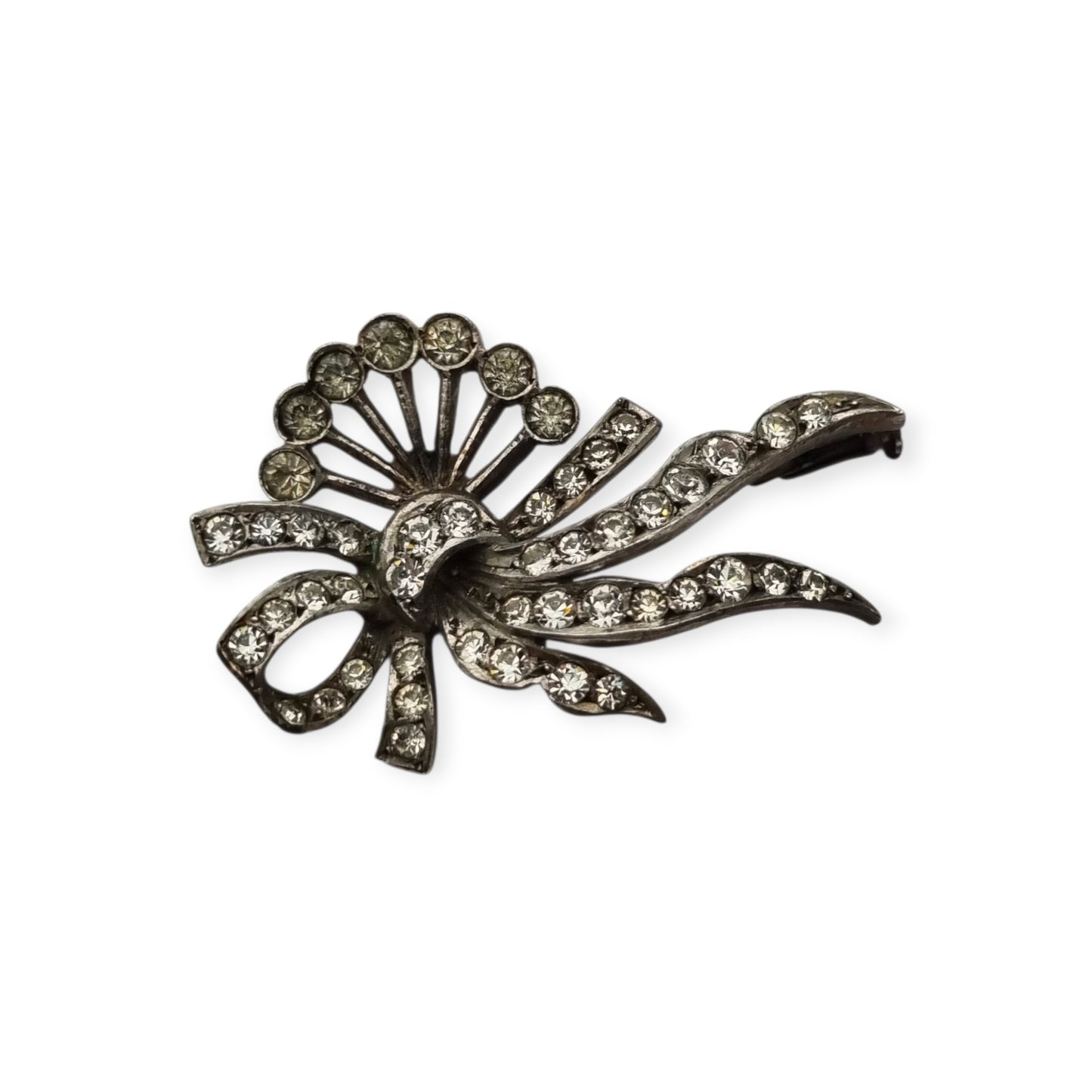 Antique Art Deco silver brooch with floral bouquet and white rhinestone bow circa 1930