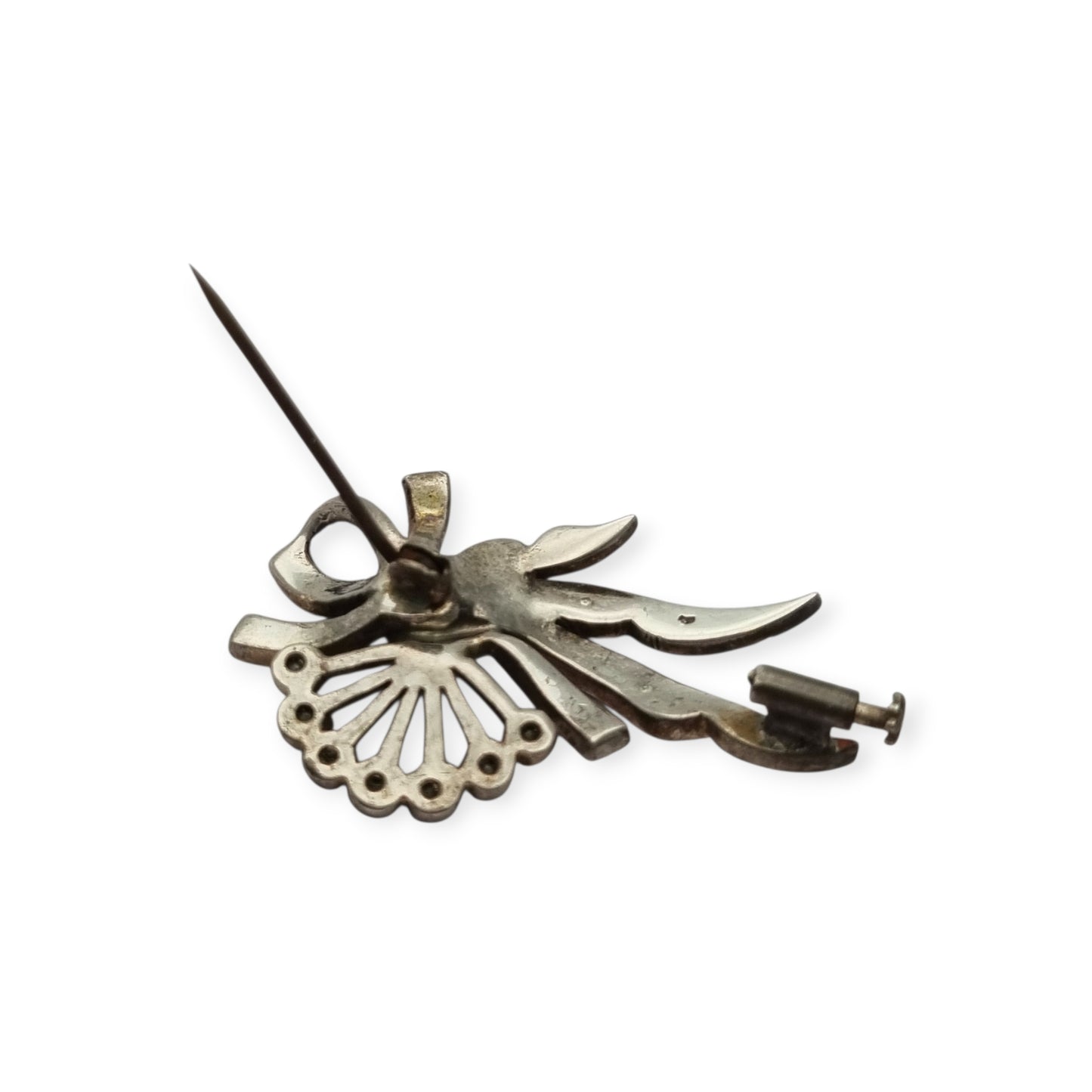 Antique Art Deco silver brooch with floral bouquet and white rhinestone bow circa 1930