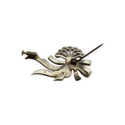 Antique Art Deco silver brooch with floral bouquet and white rhinestone bow circa 1930
