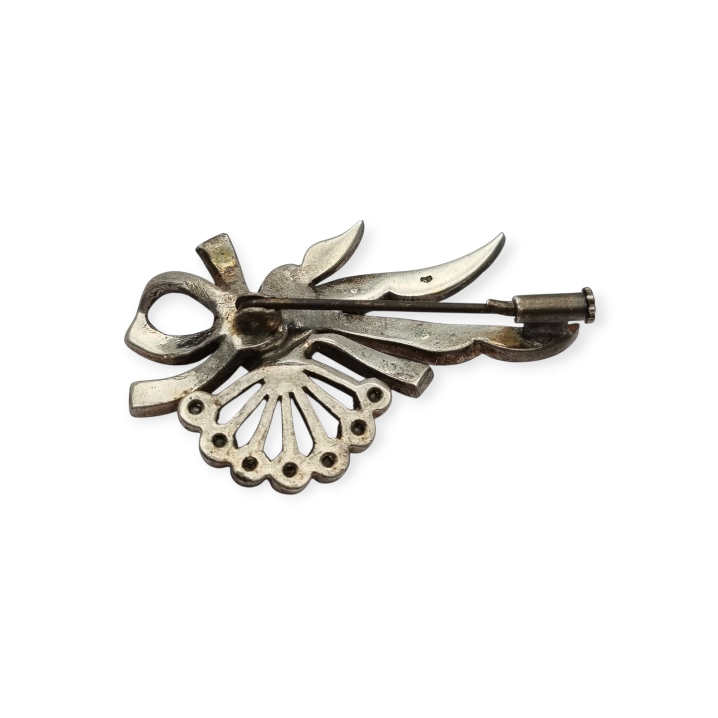 Antique Art Deco silver brooch with floral bouquet and white rhinestone bow circa 1930