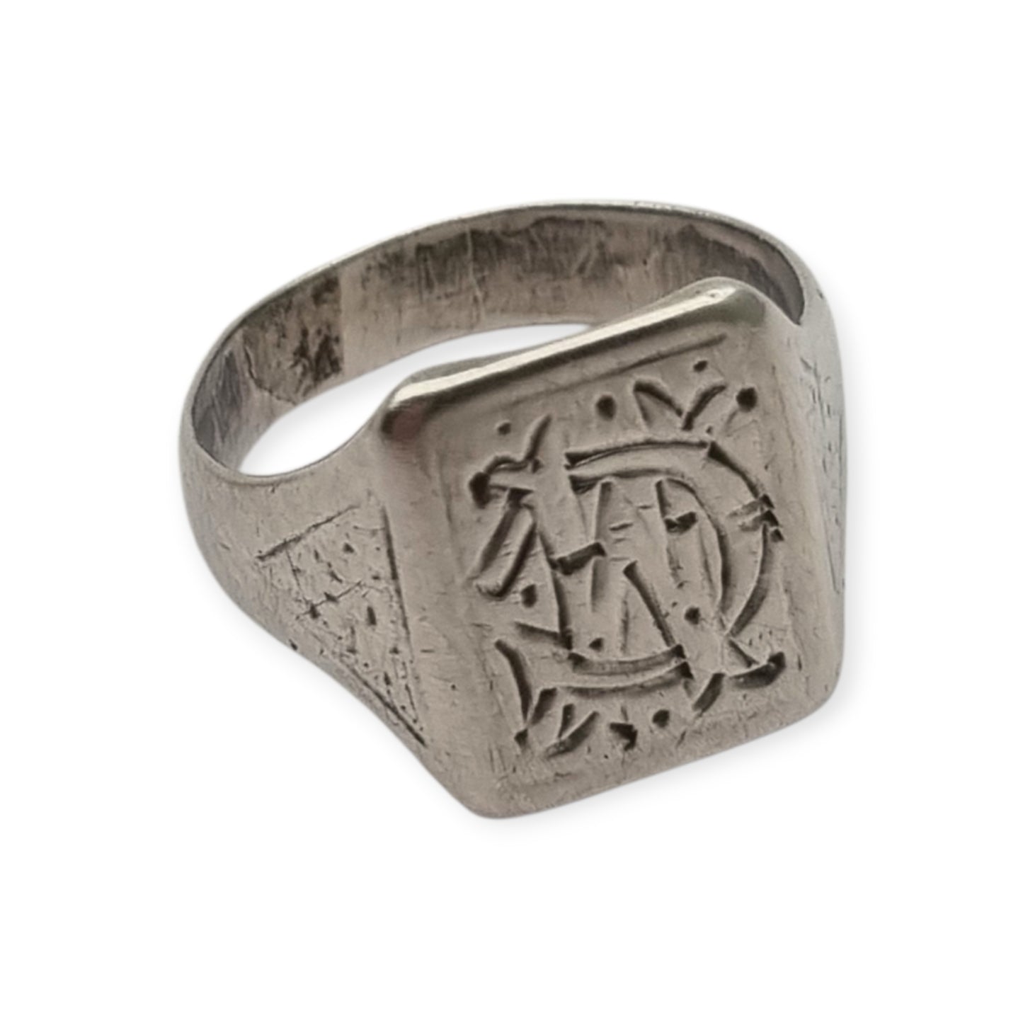 Antique Art Deco Silver Signet Ring with Engraved Monogram Geometric Design Circa 1940