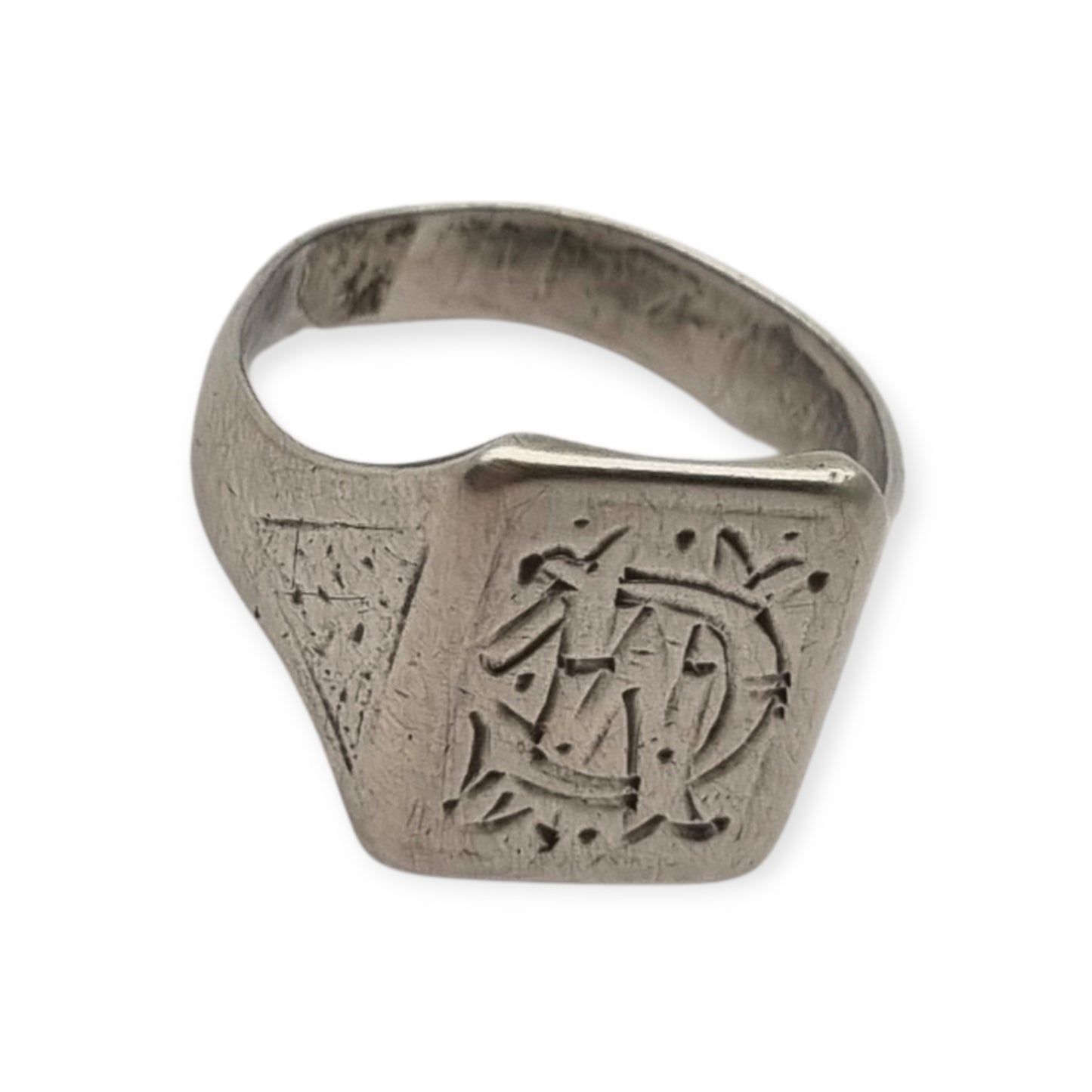 Antique Art Deco Silver Signet Ring with Engraved Monogram Geometric Design Circa 1940