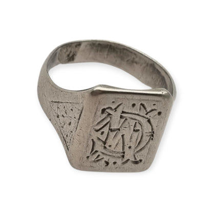 Antique Art Deco Silver Signet Ring with Engraved Monogram Geometric Design Circa 1940