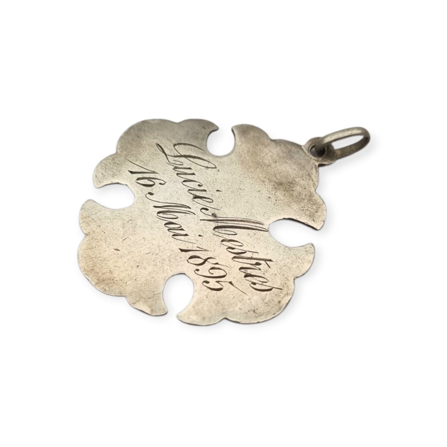 Medalla religiosa antigua de Primera Comunión en plata con cáliz, espigas e inscripción de 1895