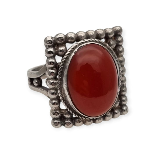 Vintage Boho Sterling Silver Carnelian Ring with Organic and Ethnic Aesthetic Inspiration, Circa 1950-1960