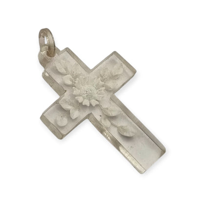 French Vintage Clear Lucite Hanging Cross with Floral Etching, Religious Jewelry circa 1930s-1950s