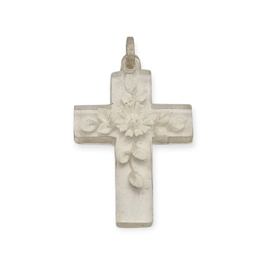 French Vintage Clear Lucite Hanging Cross with Floral Etching, Religious Jewelry circa 1930s-1950s