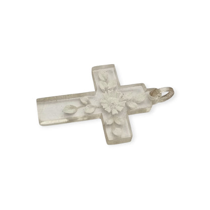 French Vintage Clear Lucite Hanging Cross with Floral Etching, Religious Jewelry circa 1930s-1950s