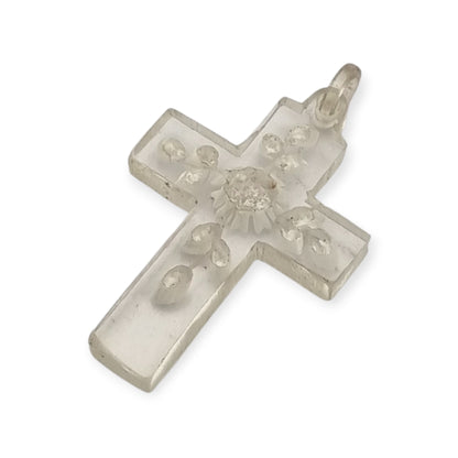 French Vintage Clear Lucite Hanging Cross with Floral Etching, Religious Jewelry circa 1930s-1950s