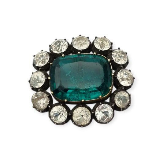 Antique Victorian silver, gold, and green and white paste brooch, inspired by the aesthetics of Queen Victoria's jewelry. Europe, circa 1890