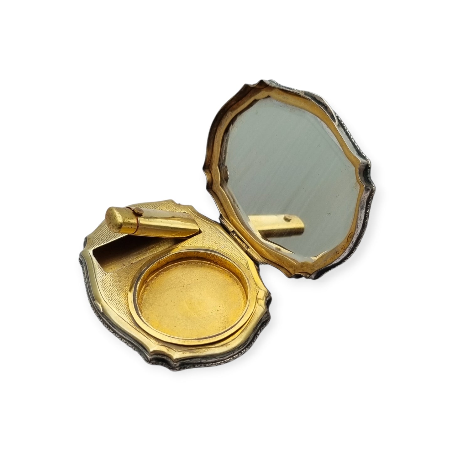Italian L&N .800 Silver Powder Compact with Mirror and Lipstick Holder, Art Deco Makeup Case, circa 1930