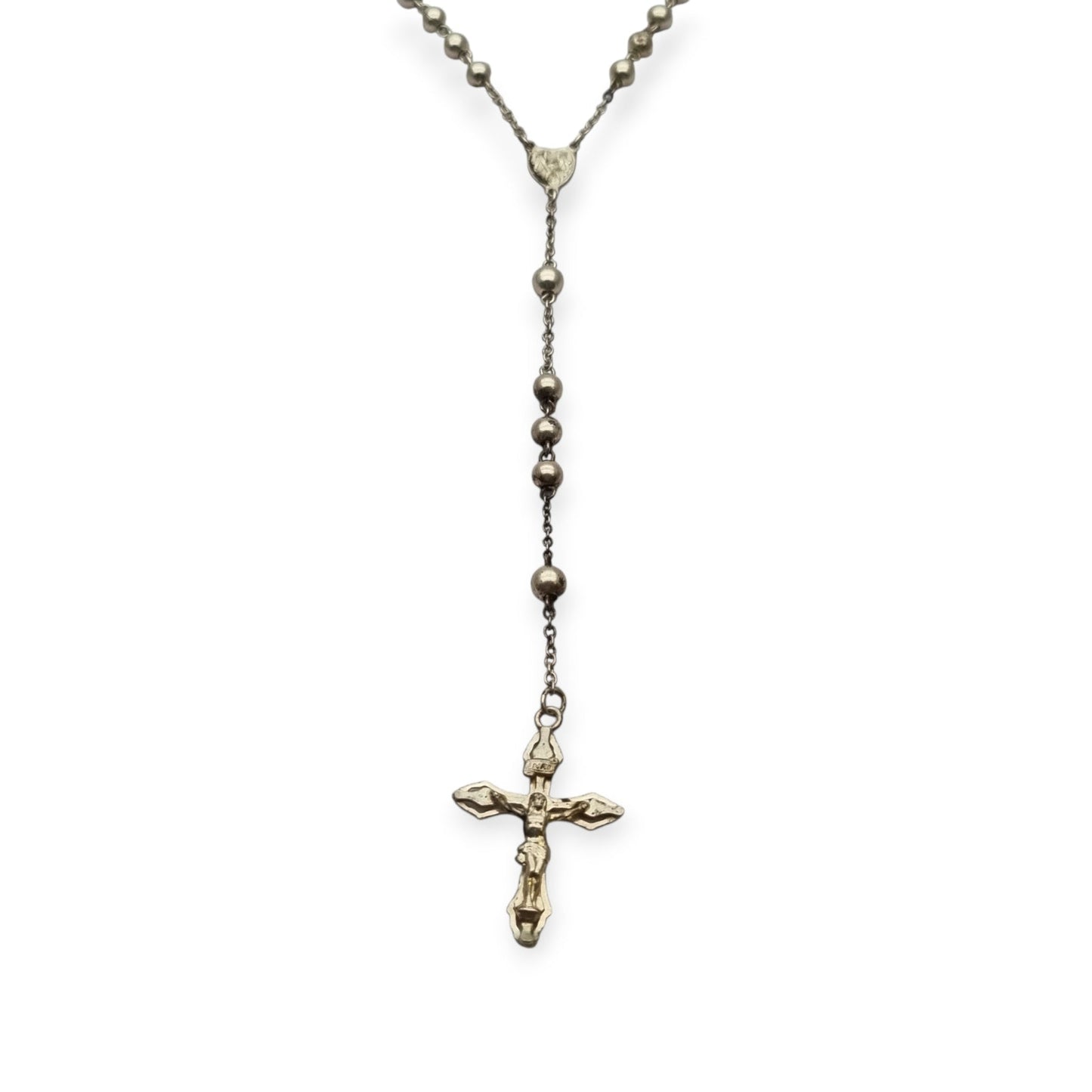 Rosario de plata 800 italiano con crucifijo, cuentas esféricas, joya religiosa vintage, circa 1960
