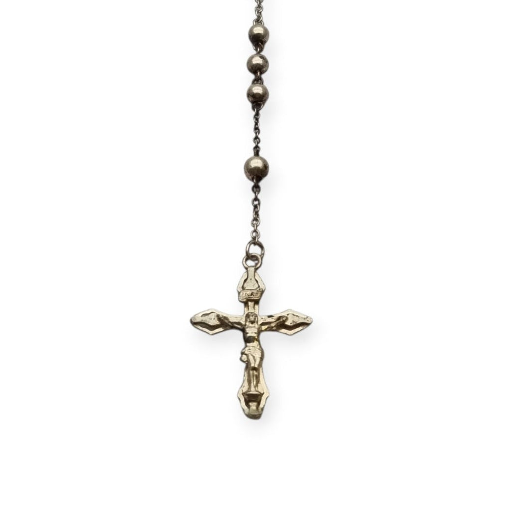Rosario de plata 800 italiano con crucifijo, cuentas esféricas, joya religiosa vintage, circa 1960