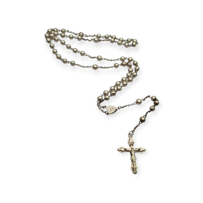 Rosario de plata 800 italiano con crucifijo, cuentas esféricas, joya religiosa vintage, circa 1960