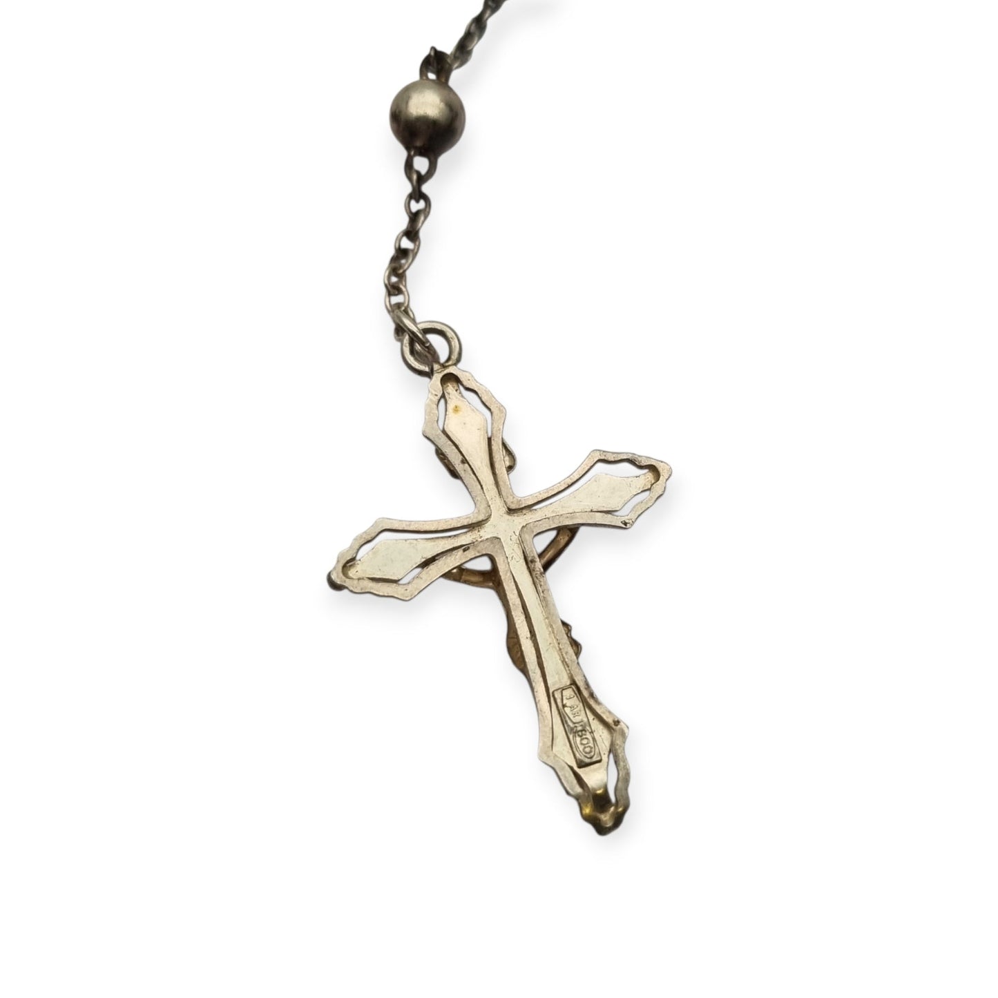 Rosario de plata 800 italiano con crucifijo, cuentas esféricas, joya religiosa vintage, circa 1960