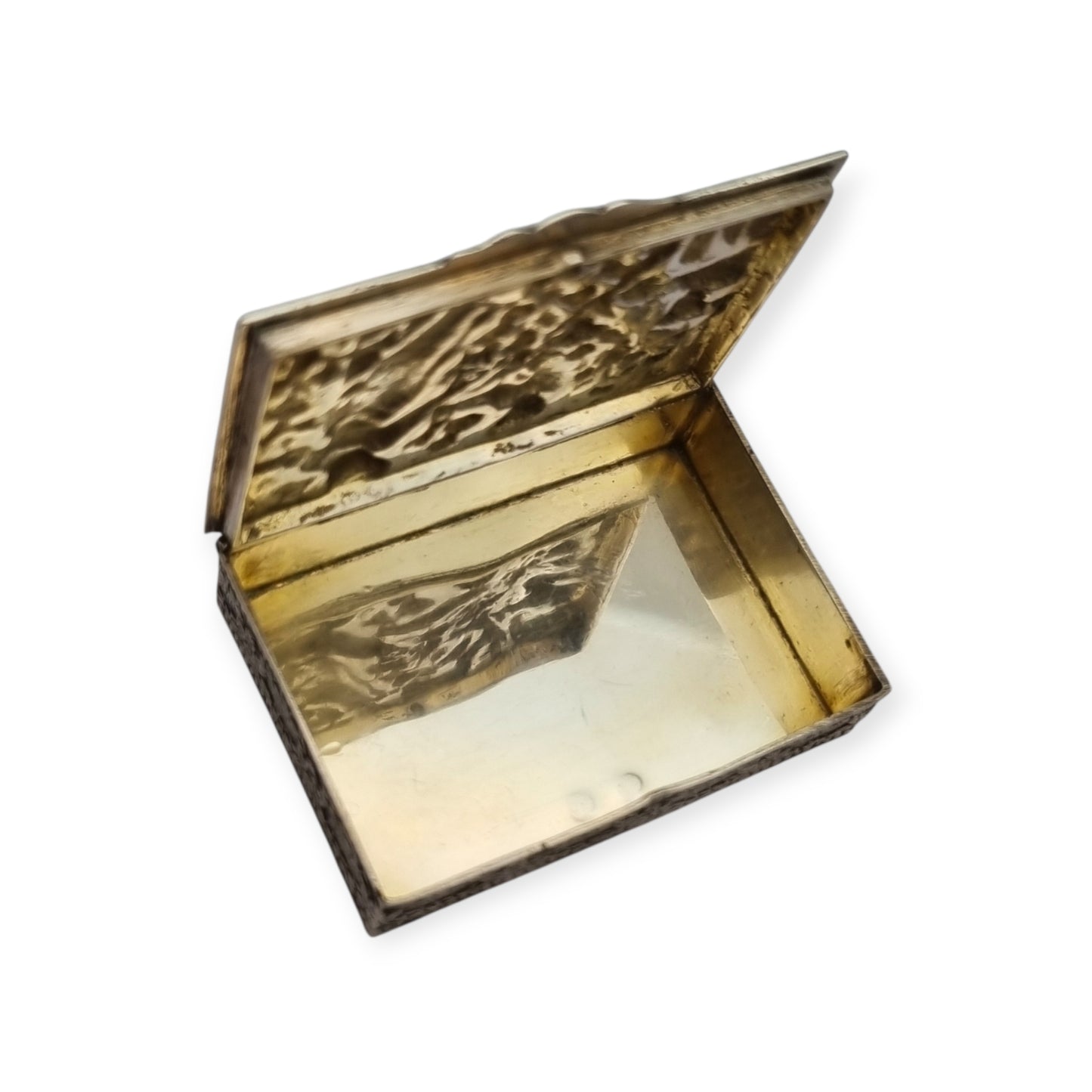 Caja colección de plata de ley española con relieve de escena de vendimia, interior vermeil, circa 1950