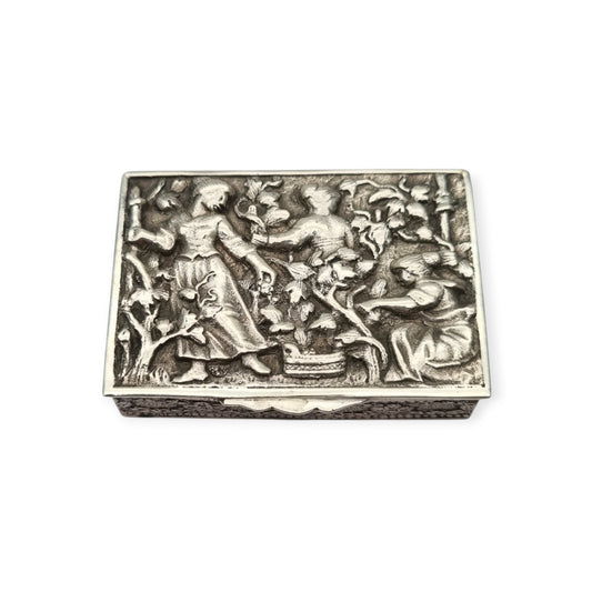 Spanish sterling silver collection box with a vintage scene in relief, vermeil interior, circa 1950
