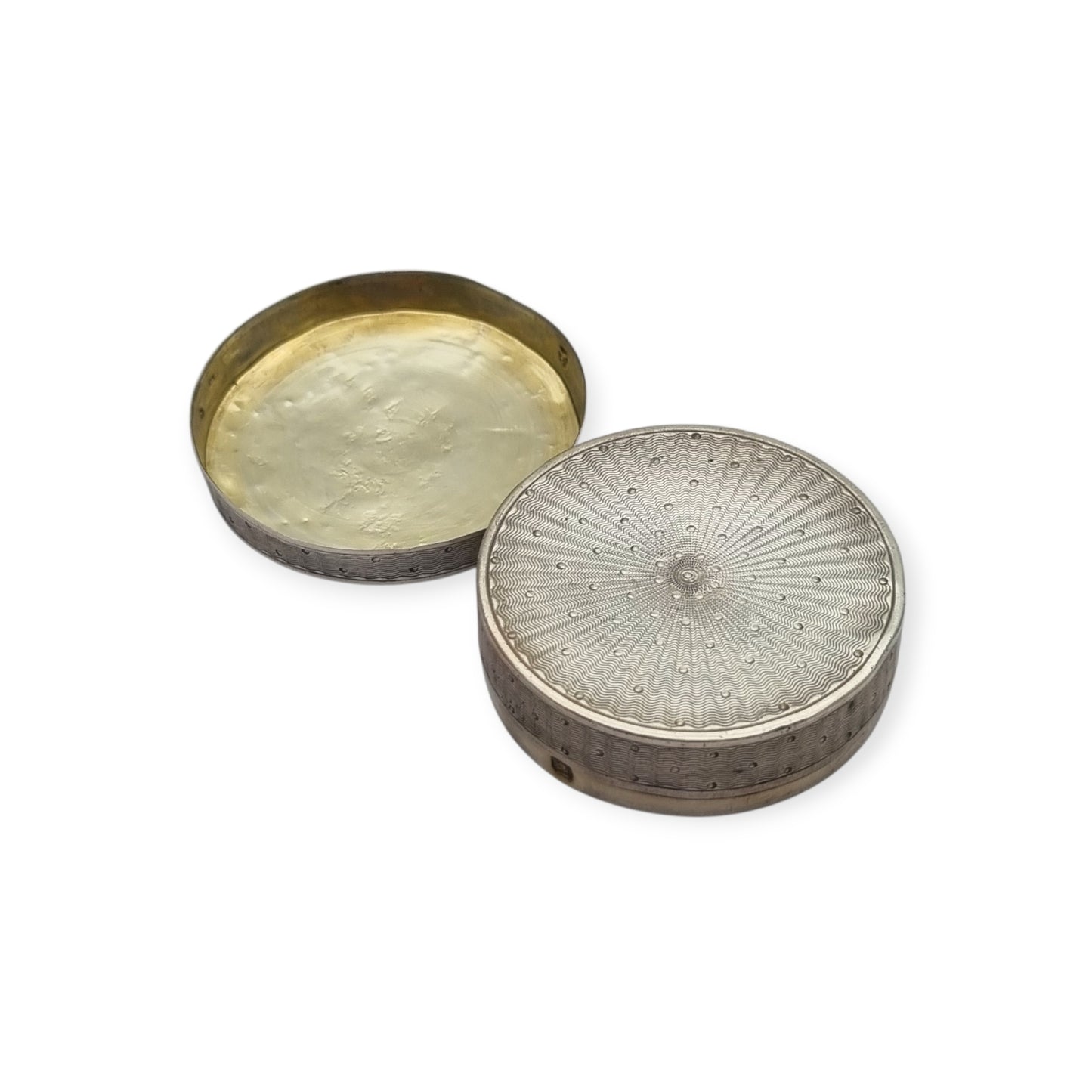 Antique round guilloche silver box with gilt interior, France, Neoclassical style, circa 1880