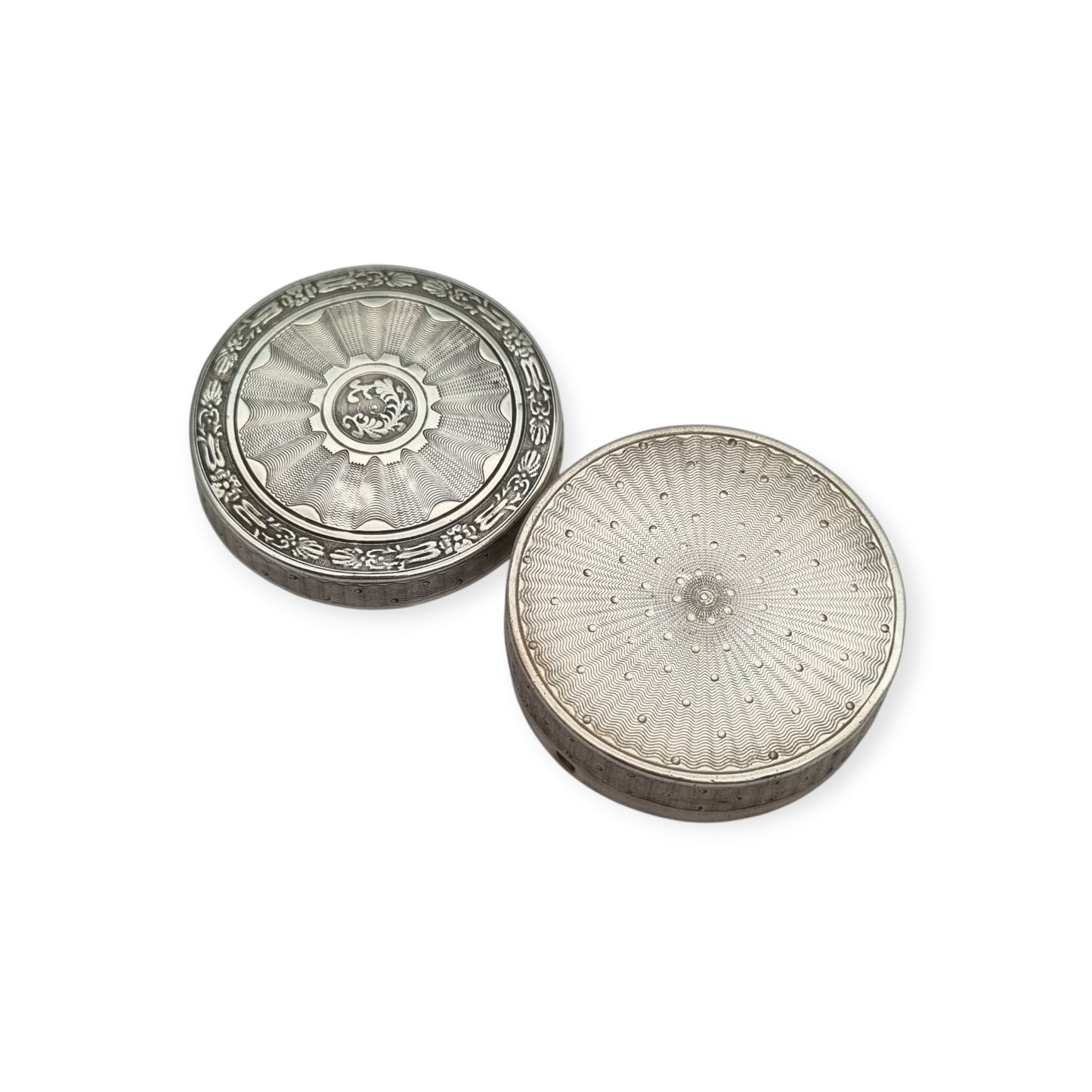 Antique round guilloche silver box with gilt interior, France, Neoclassical style, circa 1880