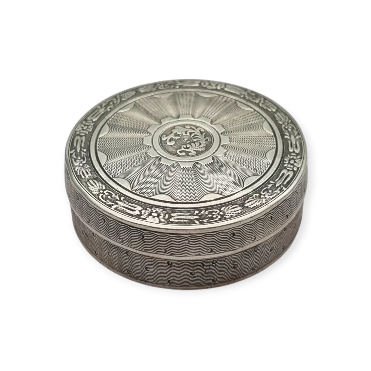 Antique round guilloche silver box with gilt interior, France, Neoclassical style, circa 1880