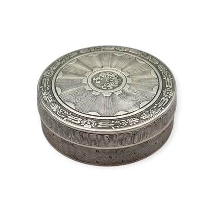 Antique round guilloche silver box with gilt interior, France, Neoclassical style, circa 1880