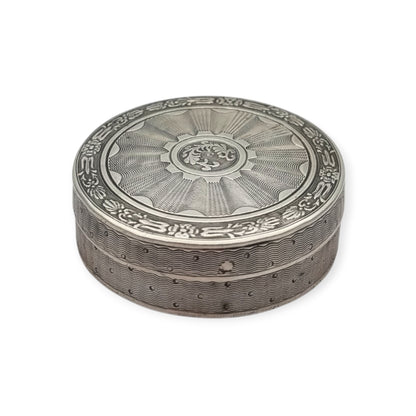 Antique round guilloche silver box with gilt interior, France, Neoclassical style, circa 1880