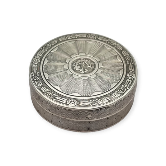 Antique round guilloche silver box with gilt interior, France, Neoclassical style, circa 1880