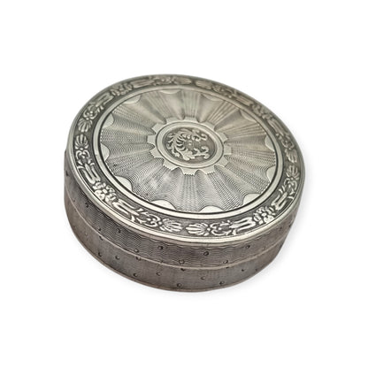 Antique round guilloche silver box with gilt interior, France, Neoclassical style, circa 1880