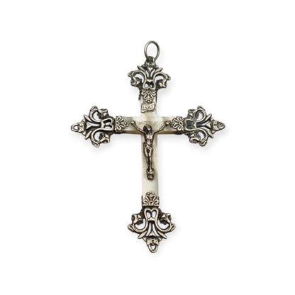 Antique Modernist silver and mother-of-pearl crucifix, Neo-Gothic style, with inscription "22 Mai 1910"