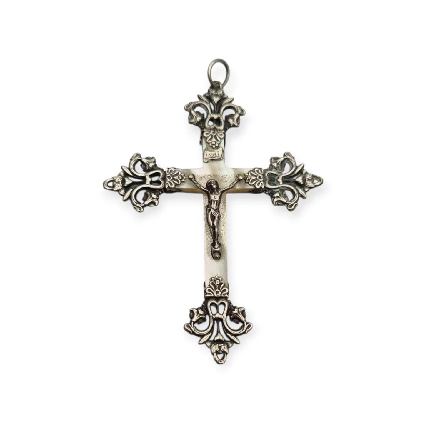 Antique Modernist silver and mother-of-pearl crucifix, Neo-Gothic style, with inscription "22 Mai 1910"