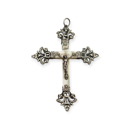 Antique Modernist silver and mother-of-pearl crucifix, Neo-Gothic style, with inscription "22 Mai 1910"