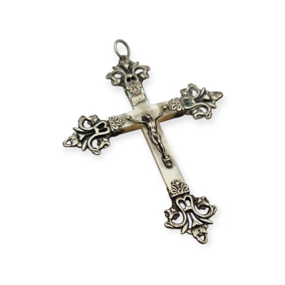 Antique Modernist silver and mother-of-pearl crucifix, Neo-Gothic style, with inscription "22 Mai 1910"