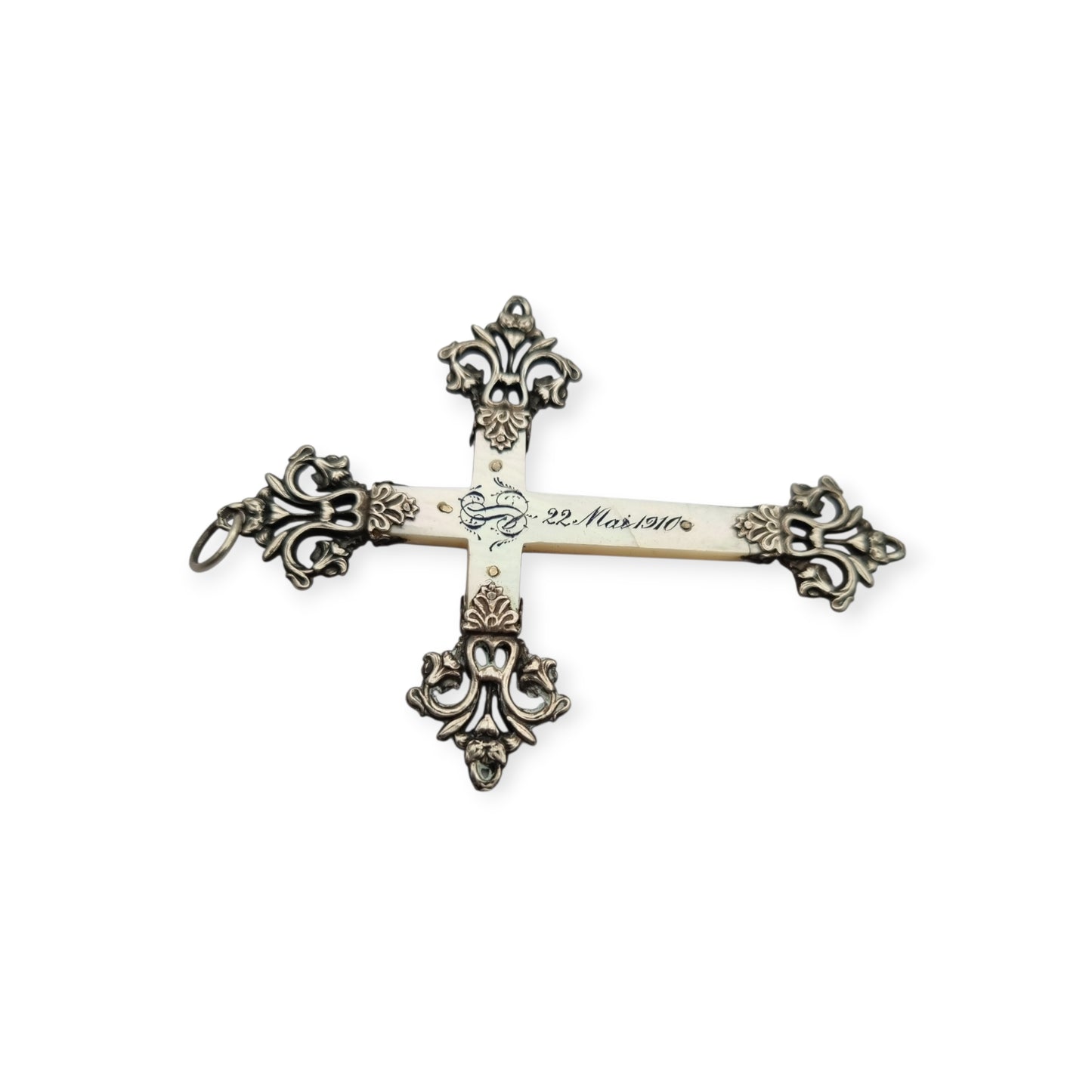 Antique Modernist silver and mother-of-pearl crucifix, Neo-Gothic style, with inscription "22 Mai 1910"