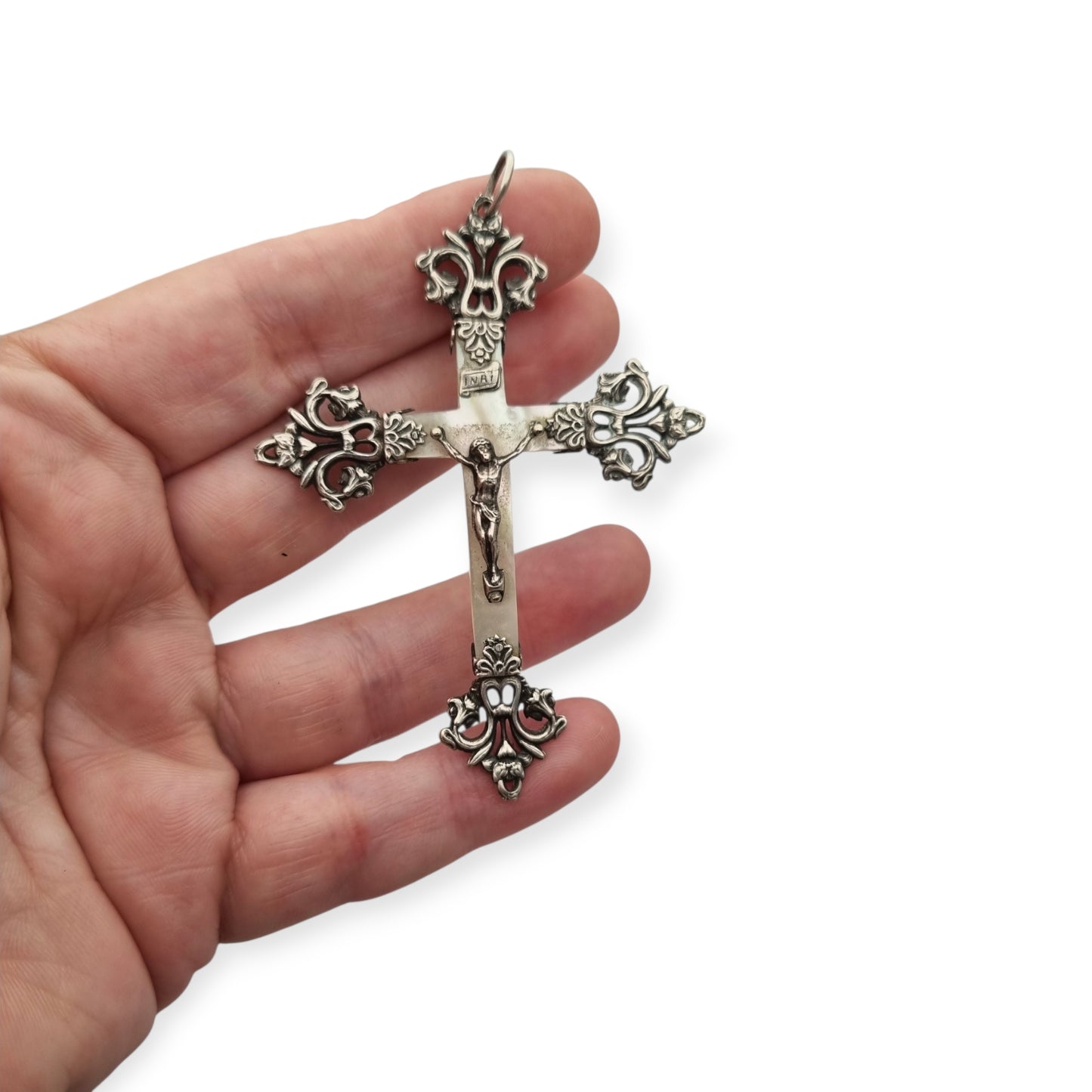 Antique Modernist silver and mother-of-pearl crucifix, Neo-Gothic style, with inscription "22 Mai 1910"