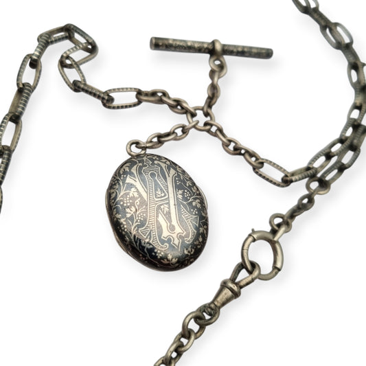 Antique complete niello silver Albert chain for pocket watch with monogrammed locket circa 1890