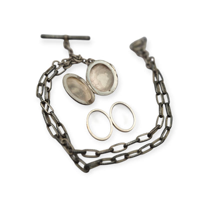 Antigua Cadena Albert completa de plata nielada para reloj de bolsillo con guardapelo monogramado  circa 1890