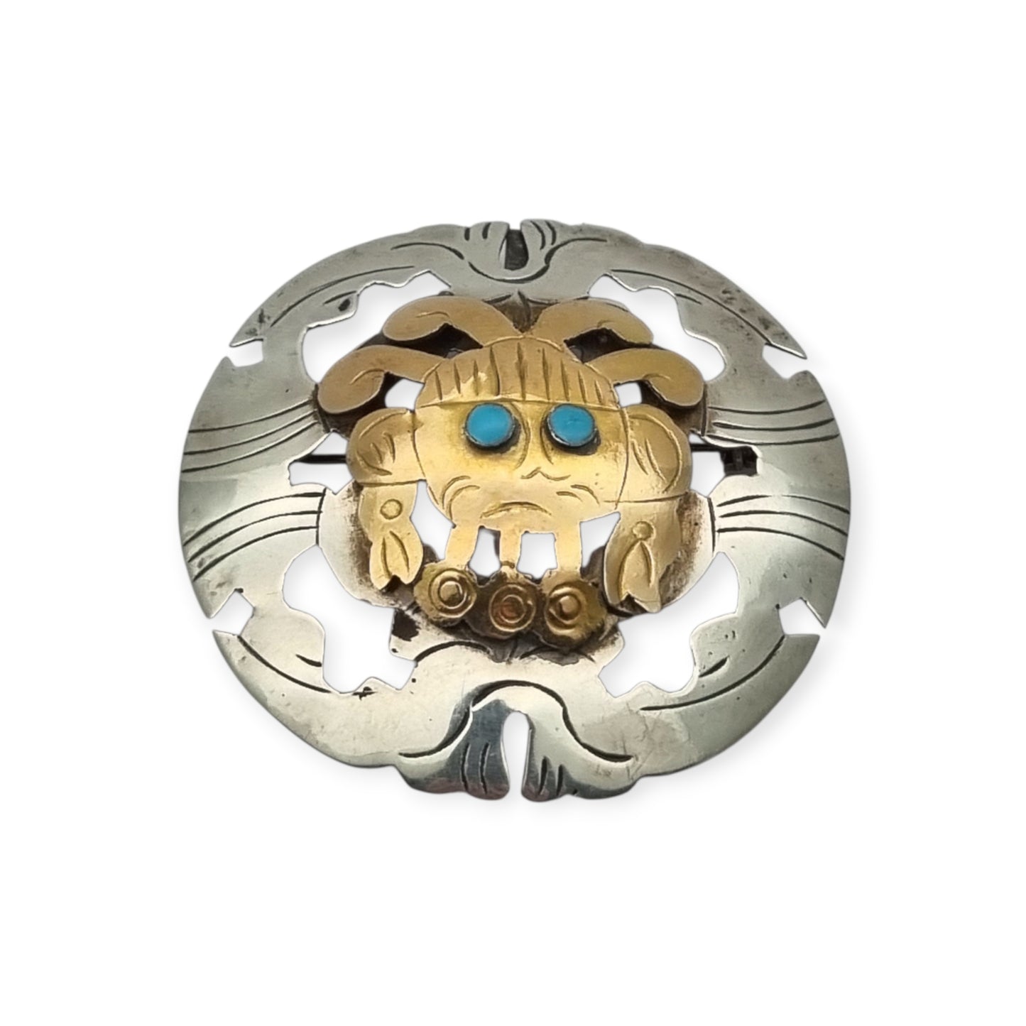 Broche colgante peruano de plata 925 y oro 18K con máscara precolombina y cabujones de turquesa, circa 1965–1975