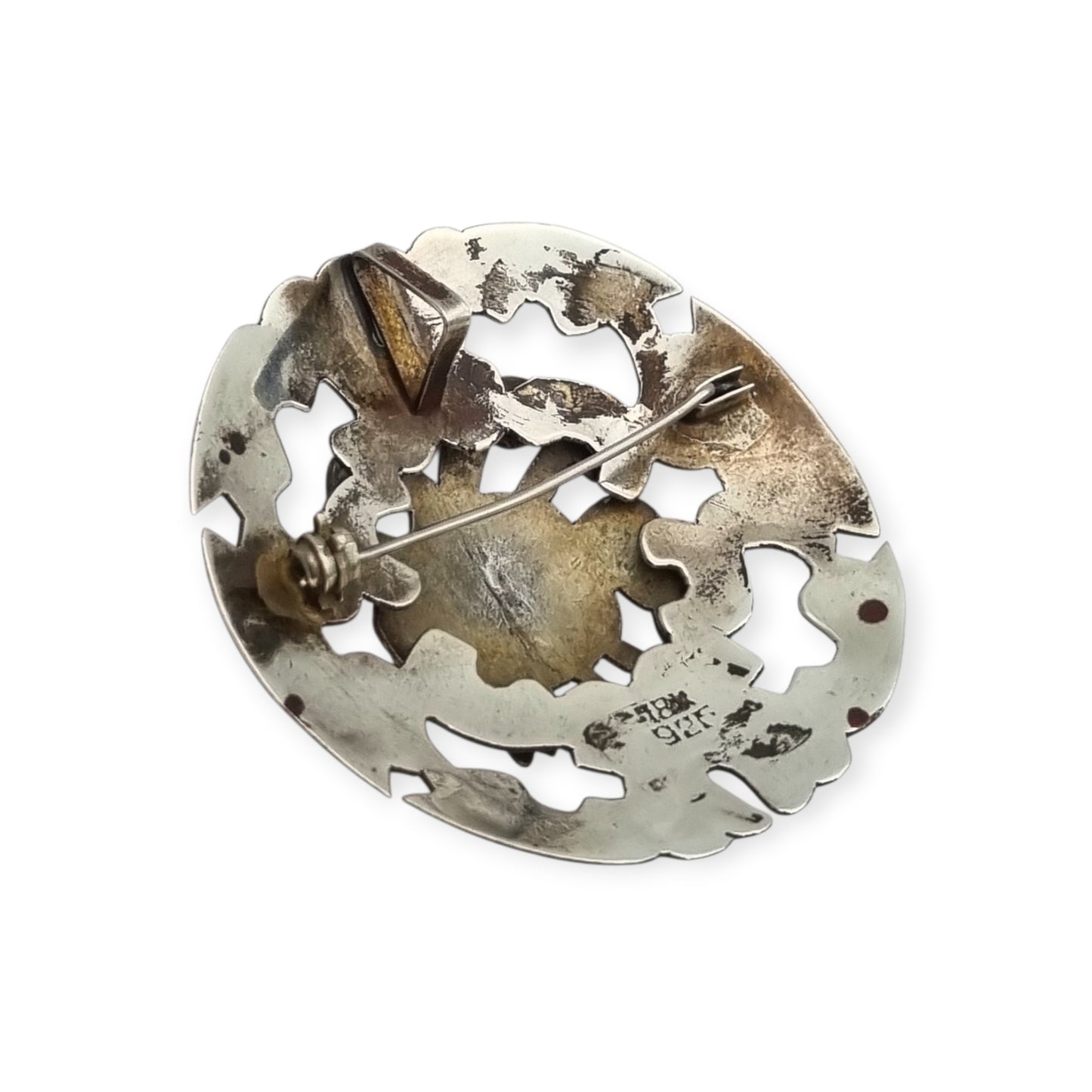 Broche colgante peruano de plata 925 y oro 18K con máscara precolombina y cabujones de turquesa, circa 1965–1975