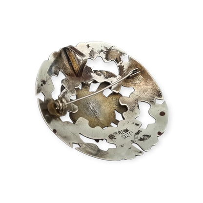 Broche colgante peruano de plata 925 y oro 18K con máscara precolombina y cabujones de turquesa, circa 1965–1975