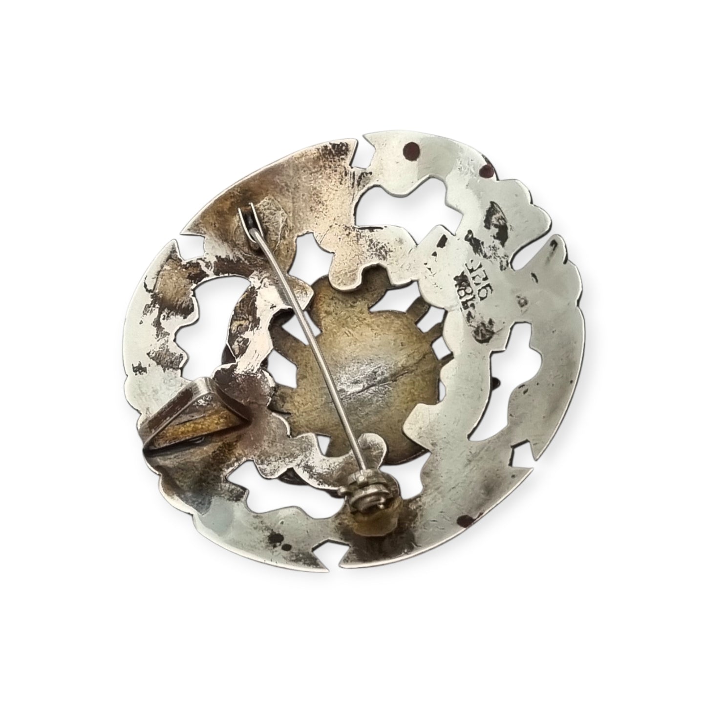 Broche colgante peruano de plata 925 y oro 18K con máscara precolombina y cabujones de turquesa, circa 1965–1975
