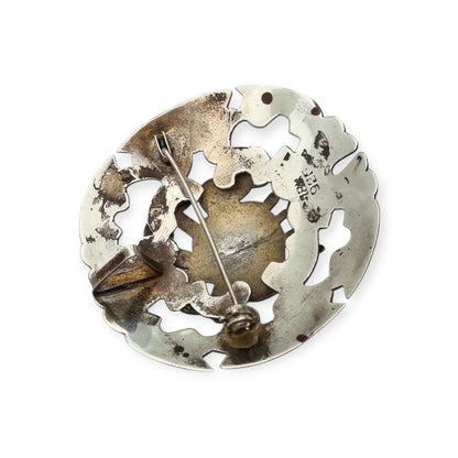 Broche colgante peruano de plata 925 y oro 18K con máscara precolombina y cabujones de turquesa, circa 1965–1975