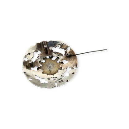 Broche colgante peruano de plata 925 y oro 18K con máscara precolombina y cabujones de turquesa, circa 1965–1975