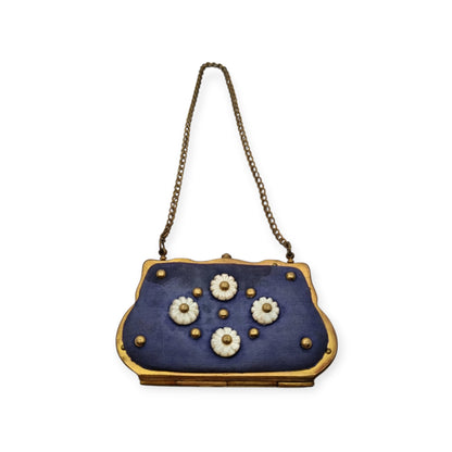 French Art Deco mother-of-pearl floral purse on blue fabric, circa 1925-1935