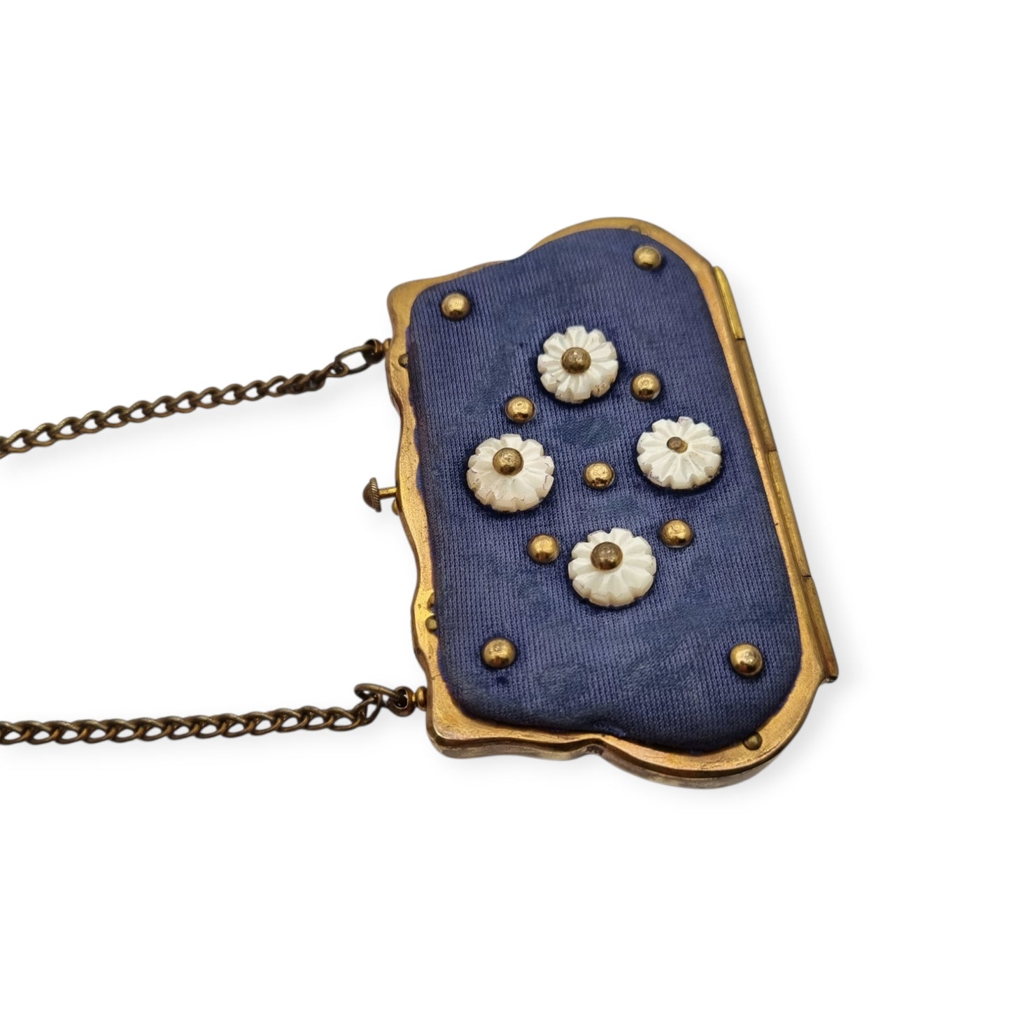 French Art Deco mother-of-pearl floral purse on blue fabric, circa 1925-1935