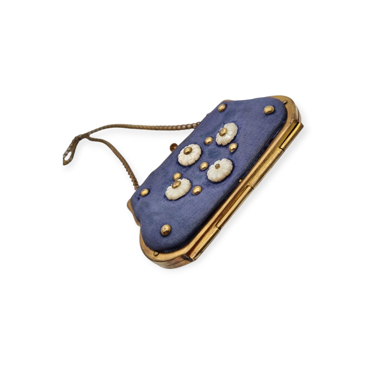 French Art Deco mother-of-pearl floral purse on blue fabric, circa 1925-1935