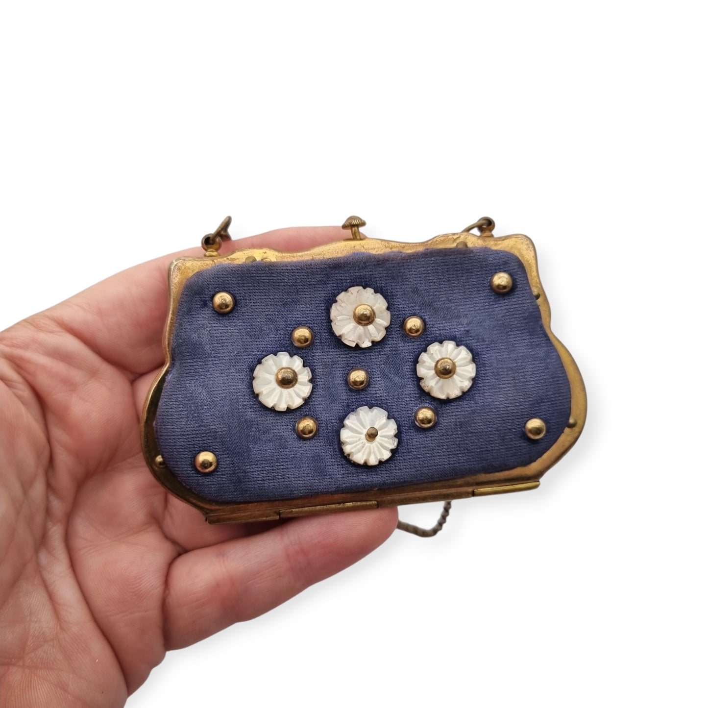 French Art Deco mother-of-pearl floral purse on blue fabric, circa 1925-1935