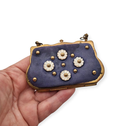 French Art Deco mother-of-pearl floral purse on blue fabric, circa 1925-1935