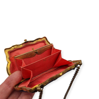 French Art Deco mother-of-pearl floral purse on blue fabric, circa 1925-1935