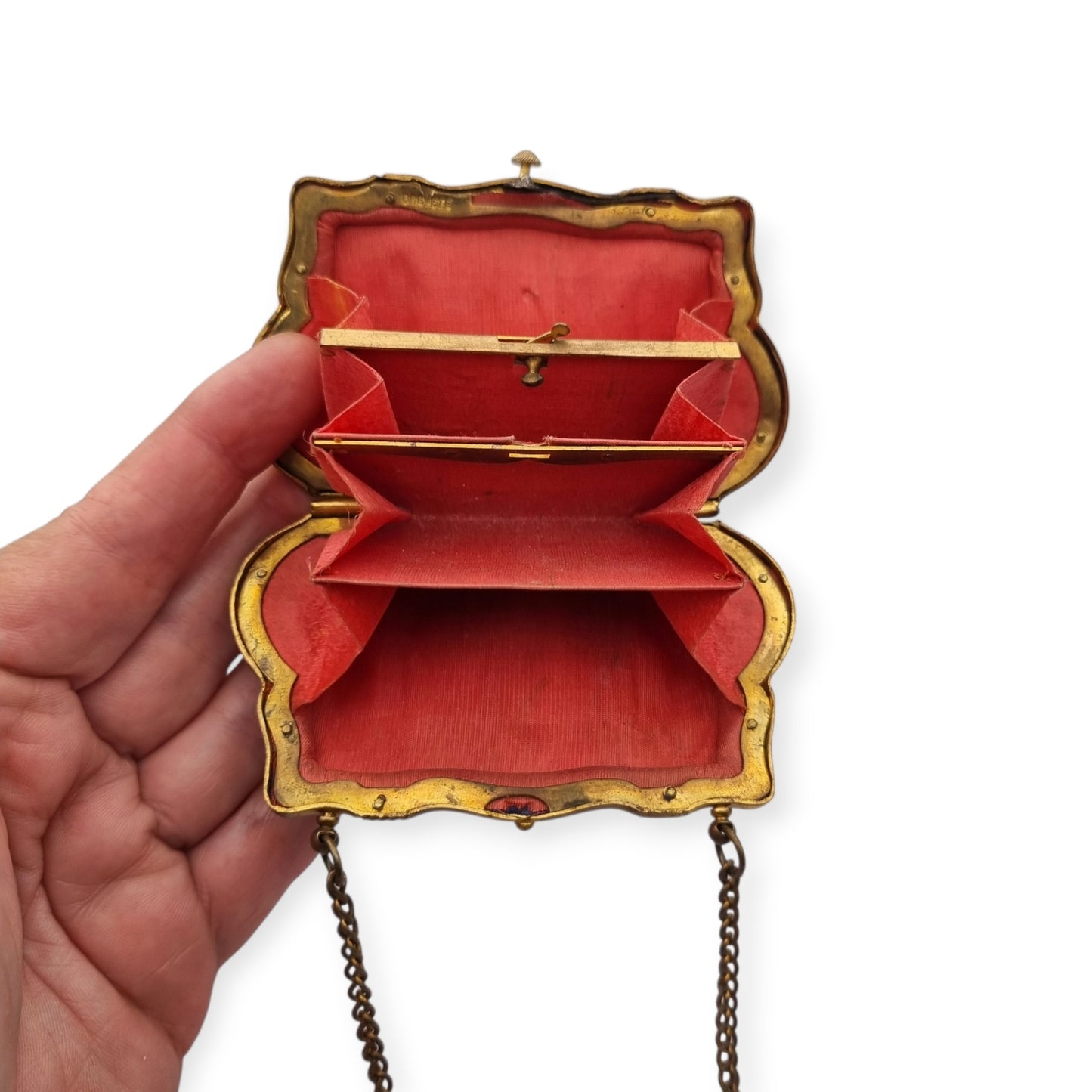 French Art Deco mother-of-pearl floral purse on blue fabric, circa 1925-1935